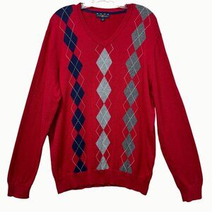 Club Room Red Argyle V-Neck Long Sleeve Pullover Sweater L